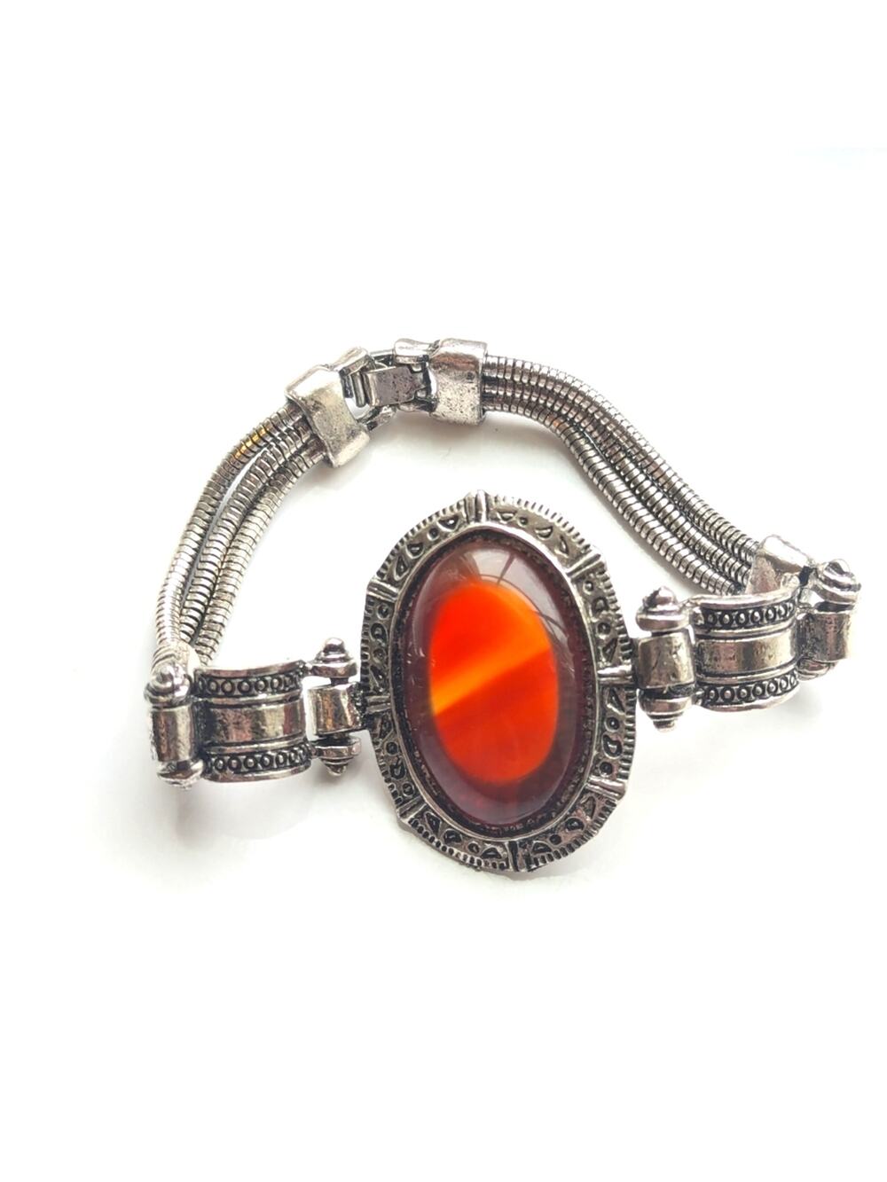 Vintage Estate Silver Tone Brutalist Large Glass Cabochon Ornate Bracelet 7"